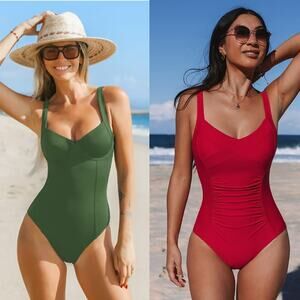 NWT Cupshe Red & Green Tummy Control one Piece Swimsuit 1 PC Beach Bundle Sz M